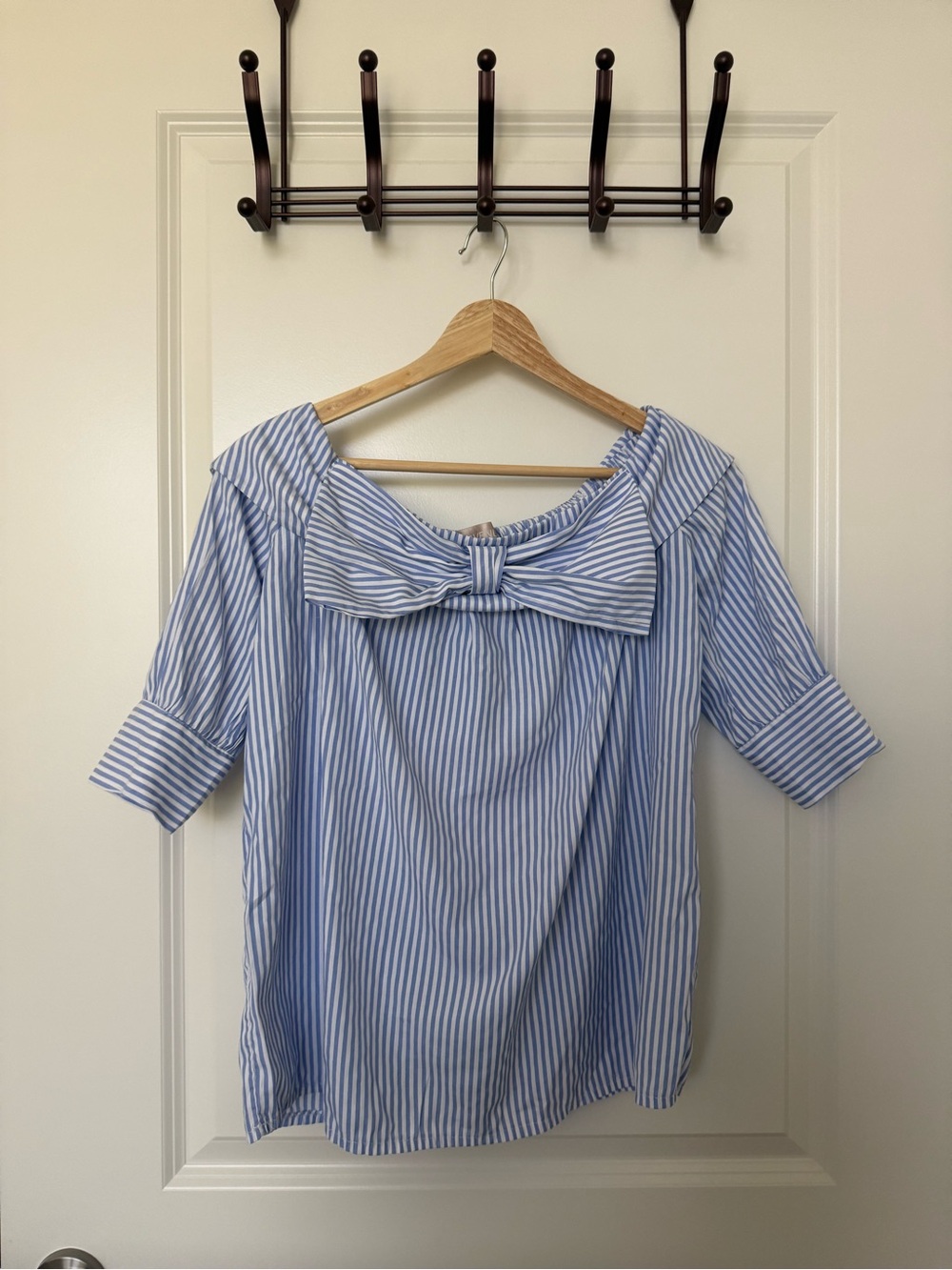 Blue & White Striped Off-Shoulder Bow Top